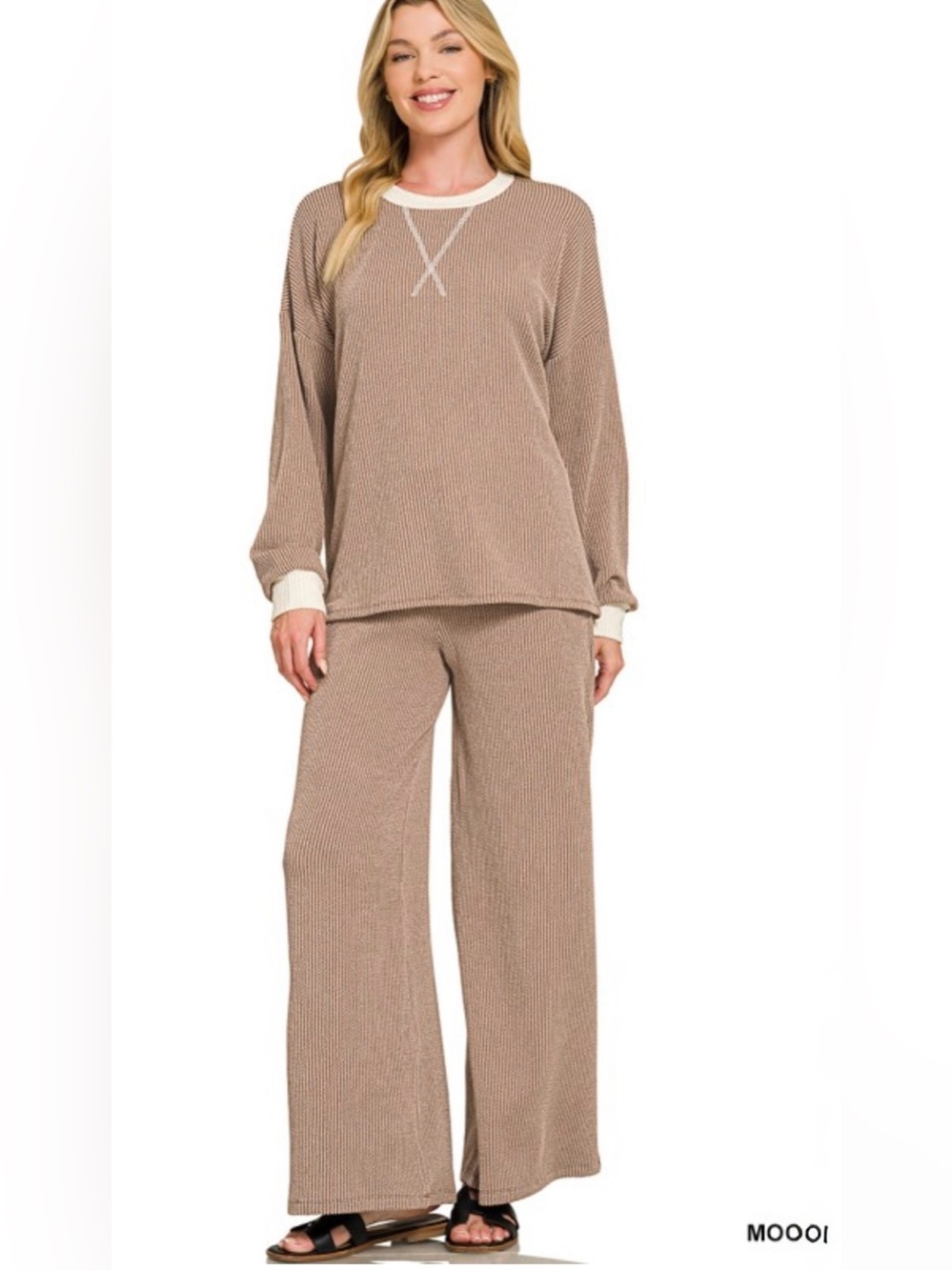 Zenana Outfitters Ribbed Lounge Set - Taupe with Cream Trim
